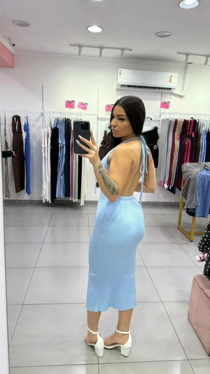 Vestido Modal Com Decote No Peito e Amarração No Pescoço Azul - foto 2