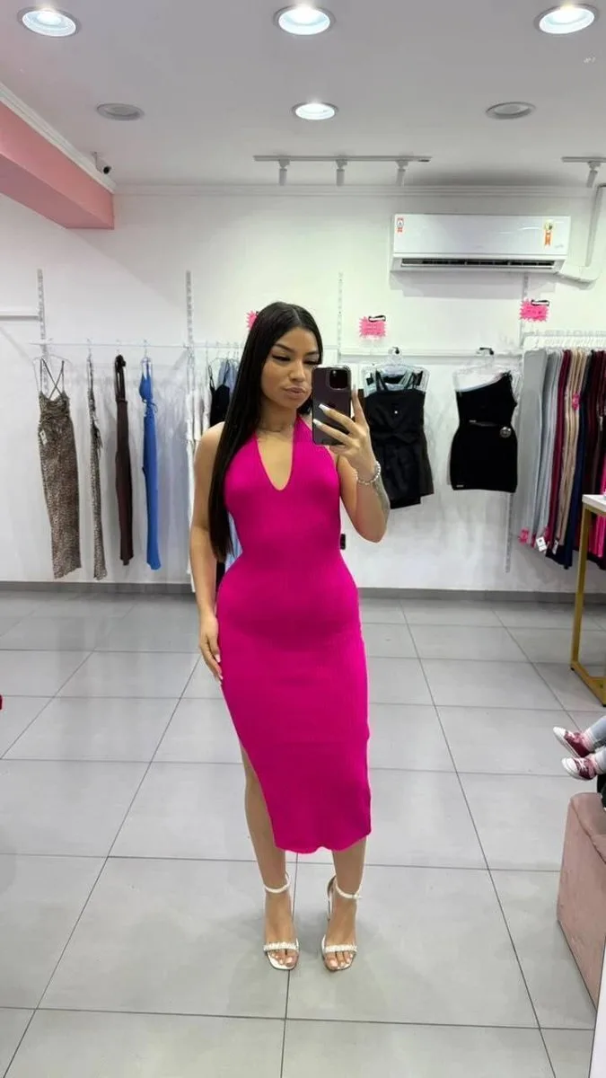 Vestido Modal Com Decote No Peito e Amarração No Pescoço Rosa - foto 1