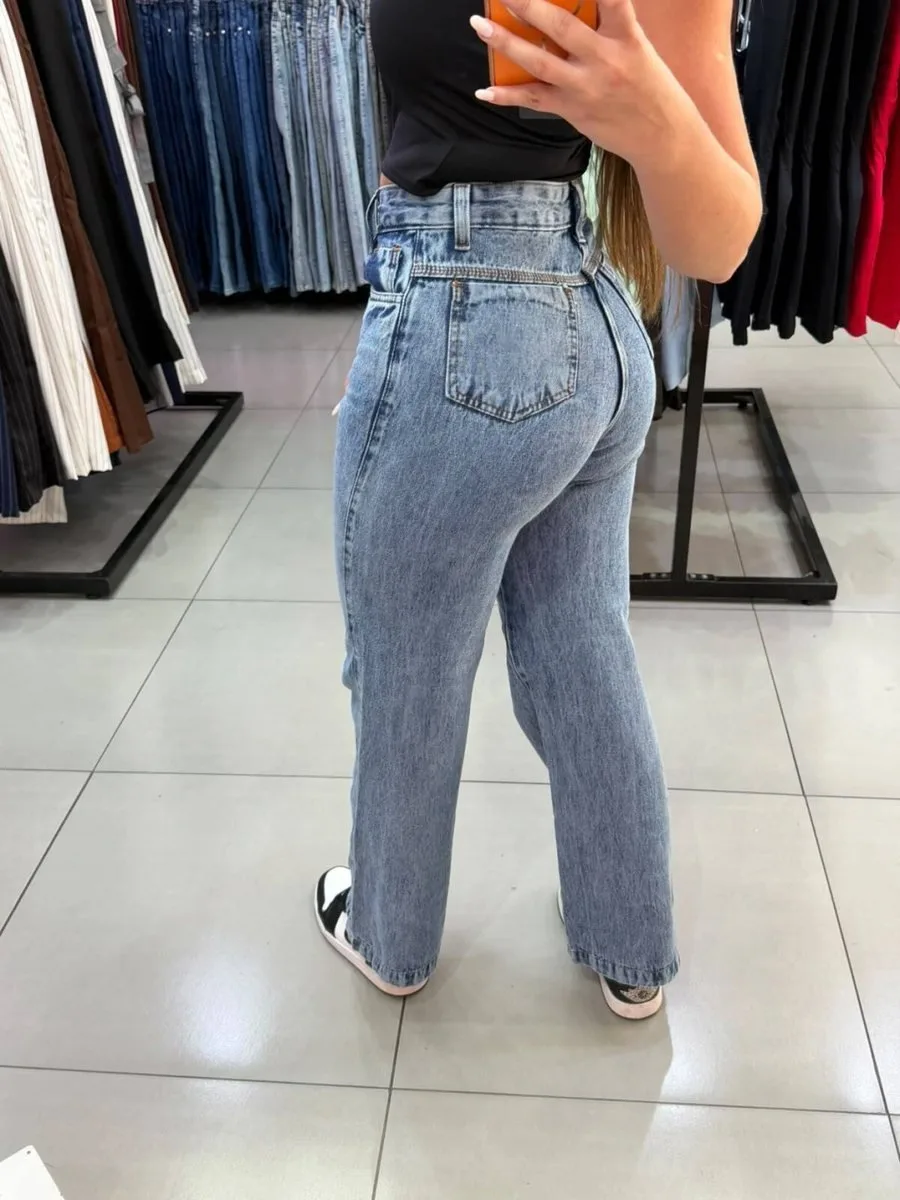 Calça Wide Leg Jeans Azul - foto 2