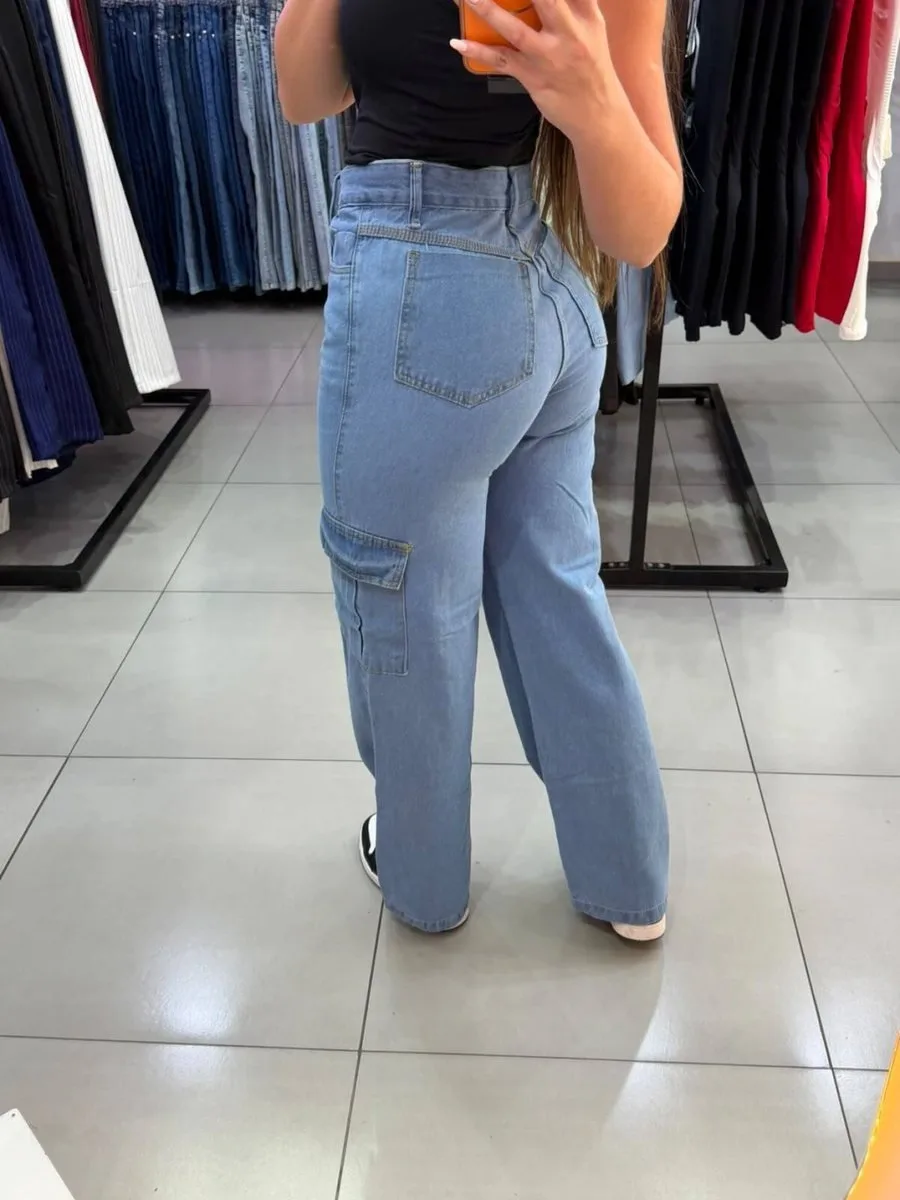 Calça wide Cargo Com Bolço Na Lateral Jeans Azul Claro - foto 3