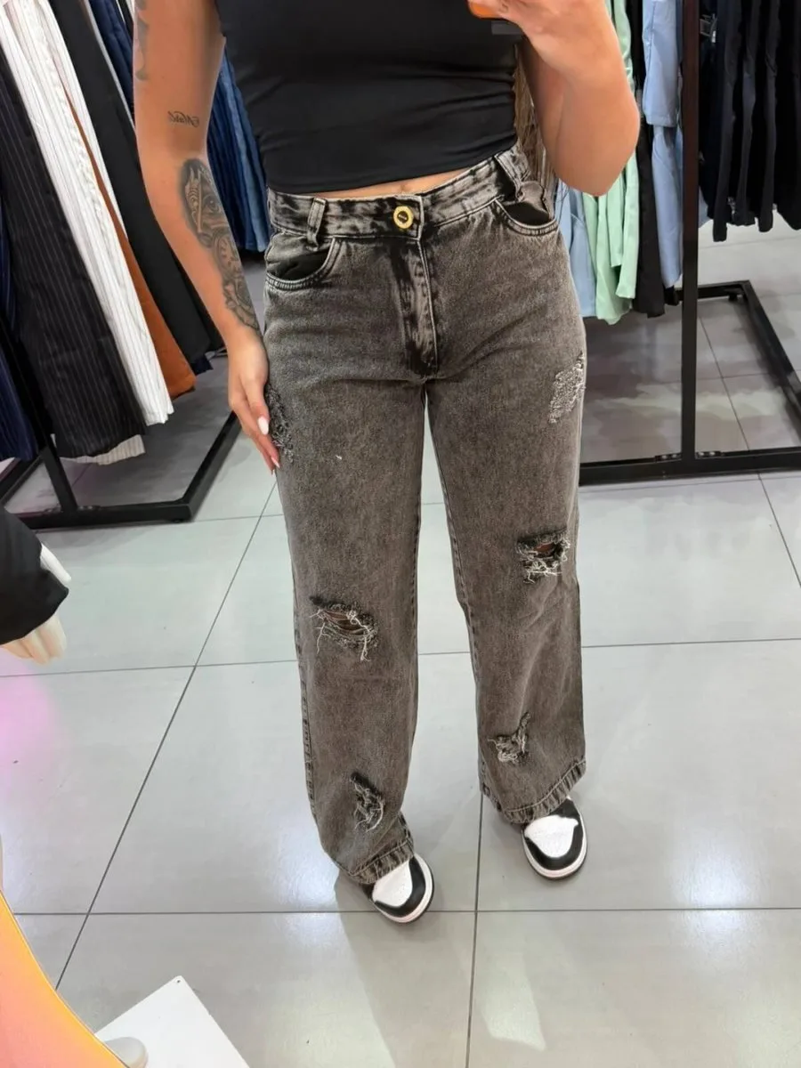 Calça Wide Leg Grafite Com Rasgos - foto 1