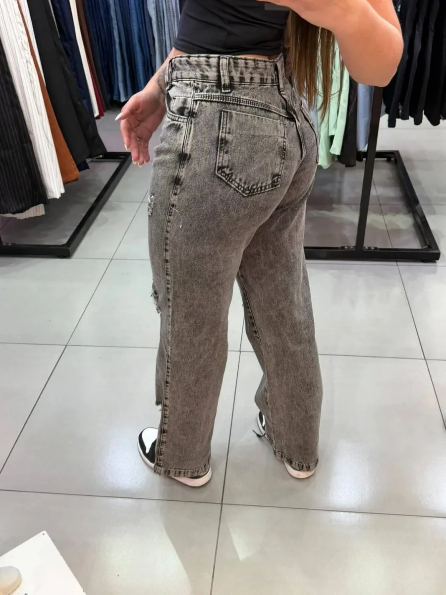 Calça Wide Leg Grafite Com Rasgos - foto 2