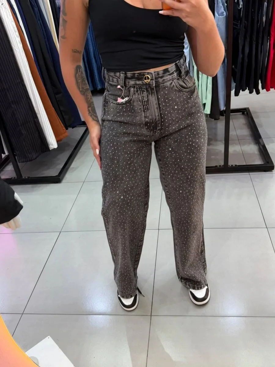 Calça Wide Leg Grafite Com Brilhos - foto 1