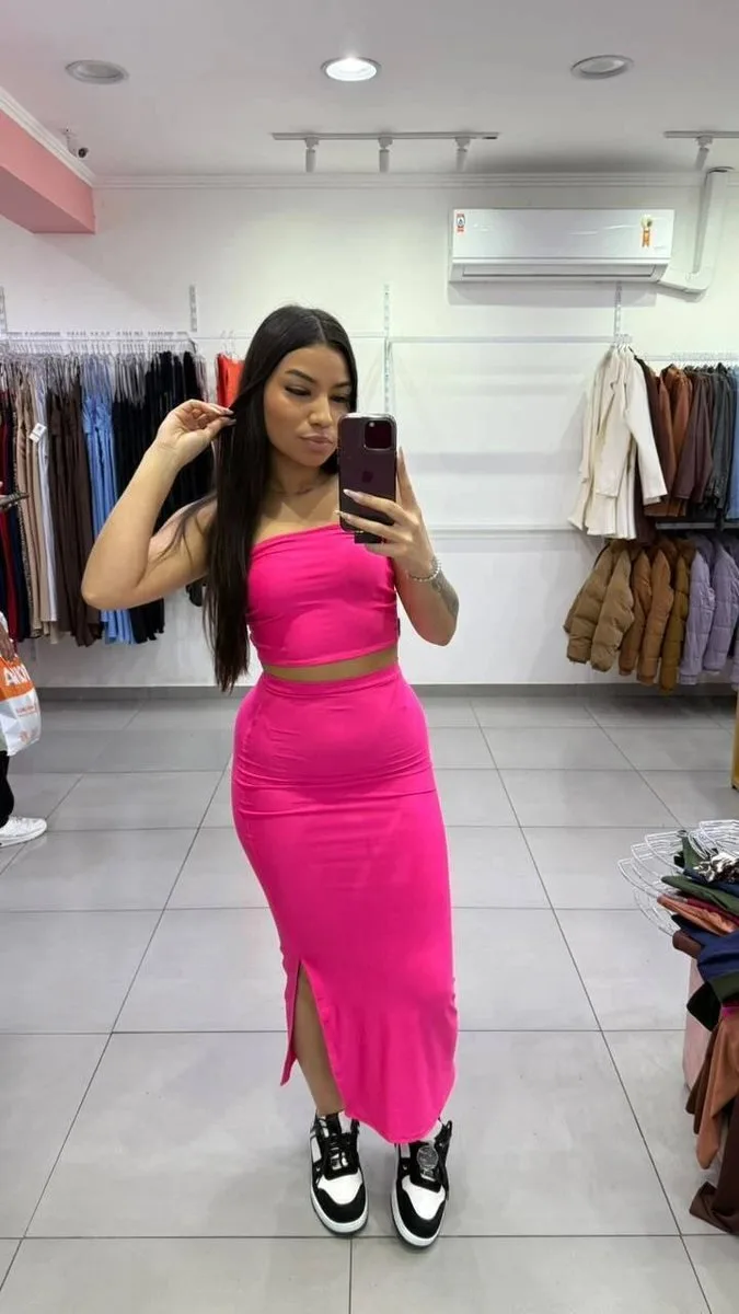Conjunto Saia Longa Com Top Faixa De Suplex Rosa Pink - foto 1