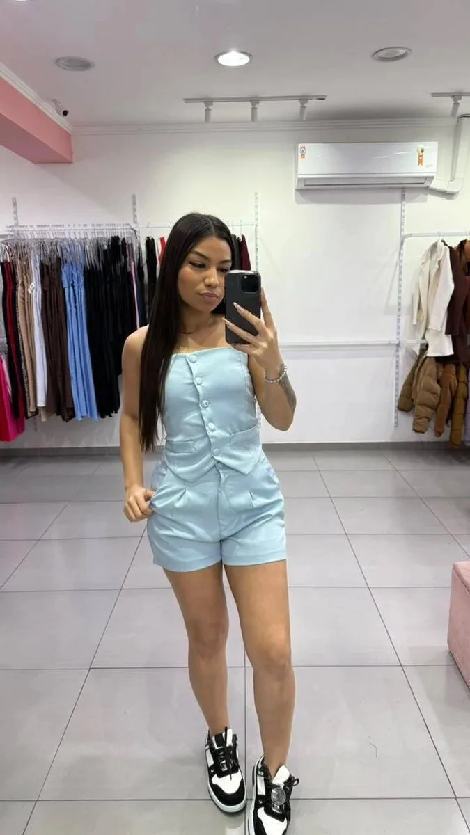 Conjunto Em Alfaiataria Alcinha Ajustavel Com Detalhe De Botões e No Bolso Azul SKU> 724 - foto 1
