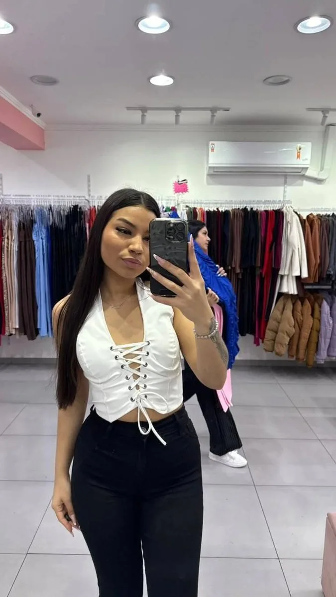 Corset de Courino Decote em V Trançado na Frente Branco - foto 1