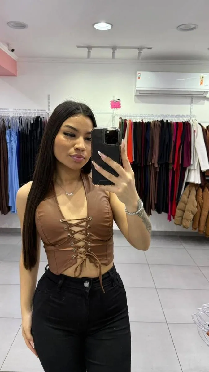 Corset de Courino Decote em V Trançado na Frente Caramelo - foto 1