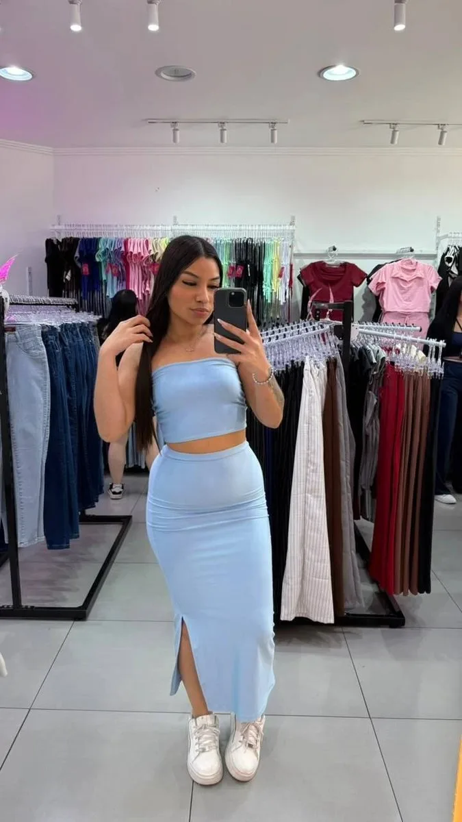 Conjunto Saia Longa Com Top Faixa De Suplex Azul - foto 2