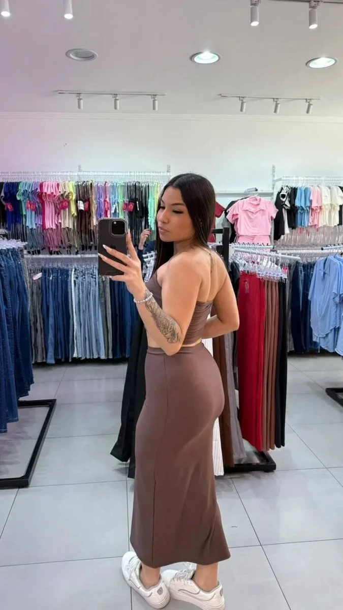 Conjunto Saia Longa Com Top Faixa De Suplex Marrom - foto 2