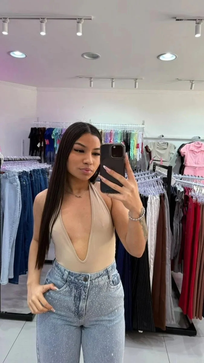 Body Poliamida Decotado No Seios Bege - foto 1
