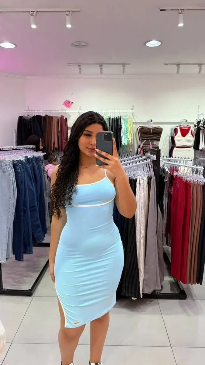 Vestido Luxxo Em Poliamida Mid Com Alcinha e Detalhe Na Costura Branco Com Azul - foto 1