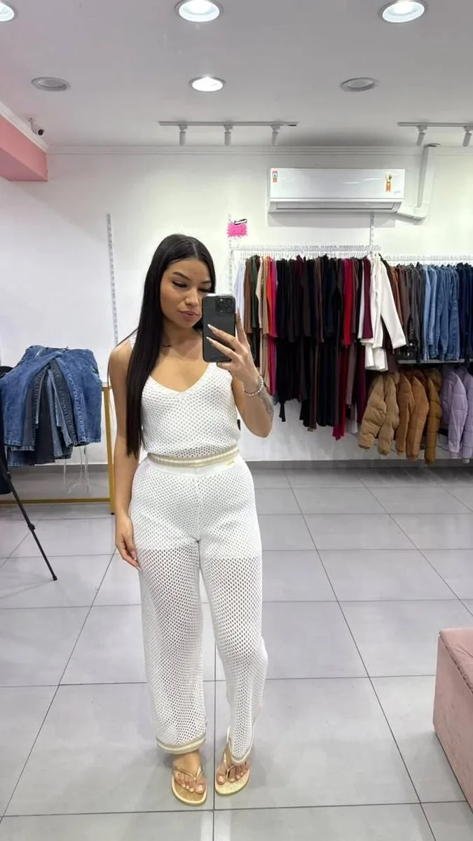 Conjunto Luxxo Regata e Pantalona em Tricô Moda Praia Branco - foto 1