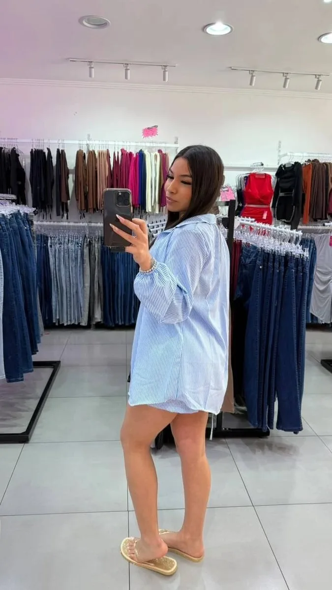 Conjunto Listrado 3 Peças Azul Claro Com Branco - foto 2
