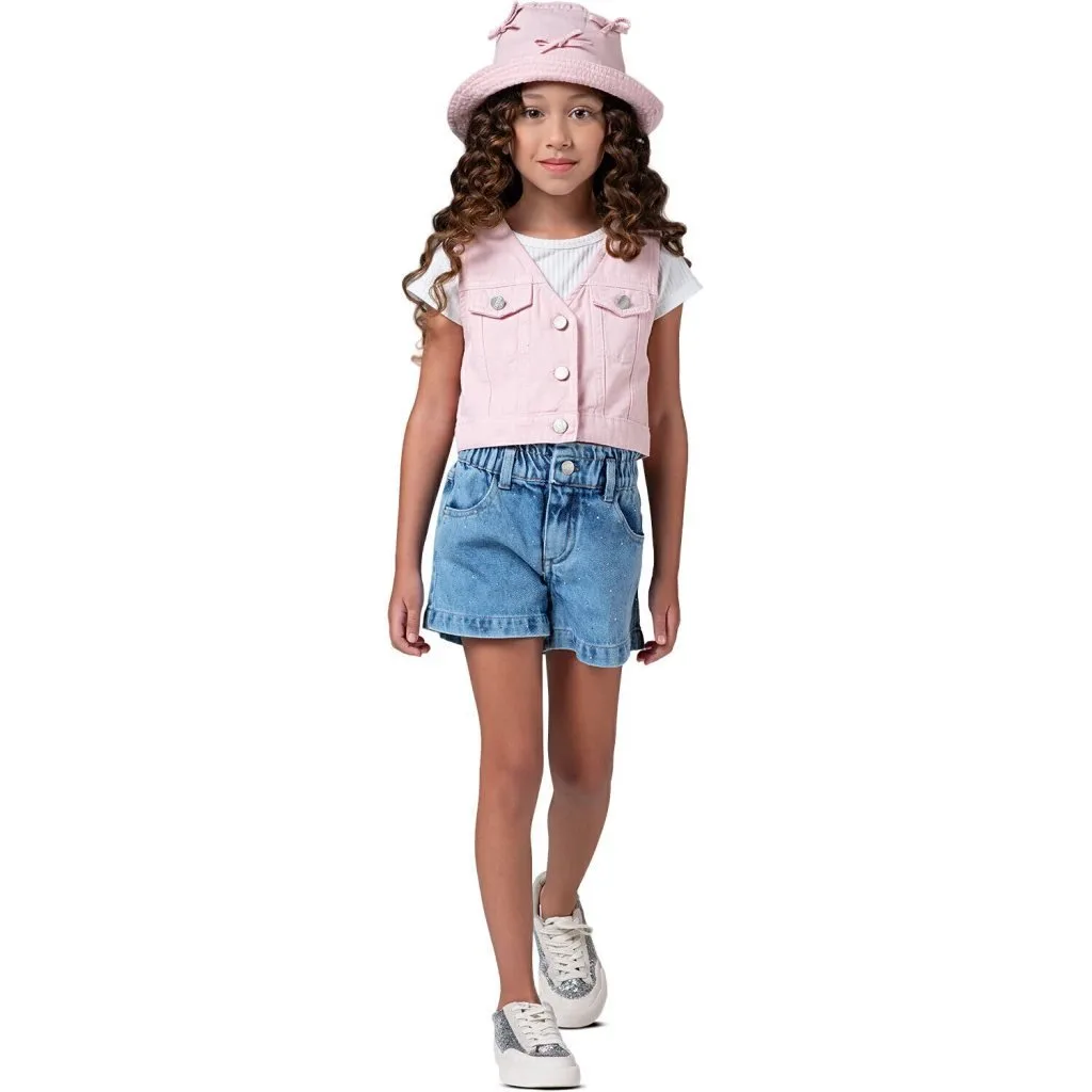 Short Jeans Infantil Feminino com Strass Mania Kids - foto 1