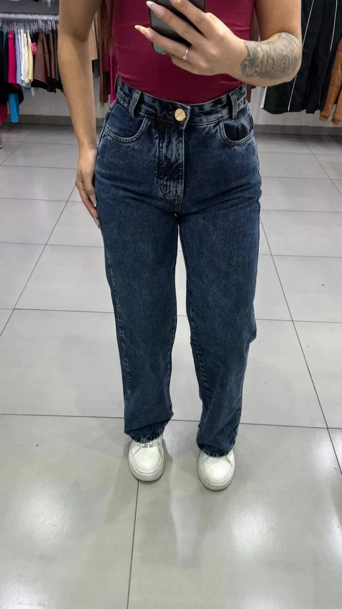 Calça Jeans Wide Leg Lisa Lavagem Azul Ceu Botão Dourado - foto 1