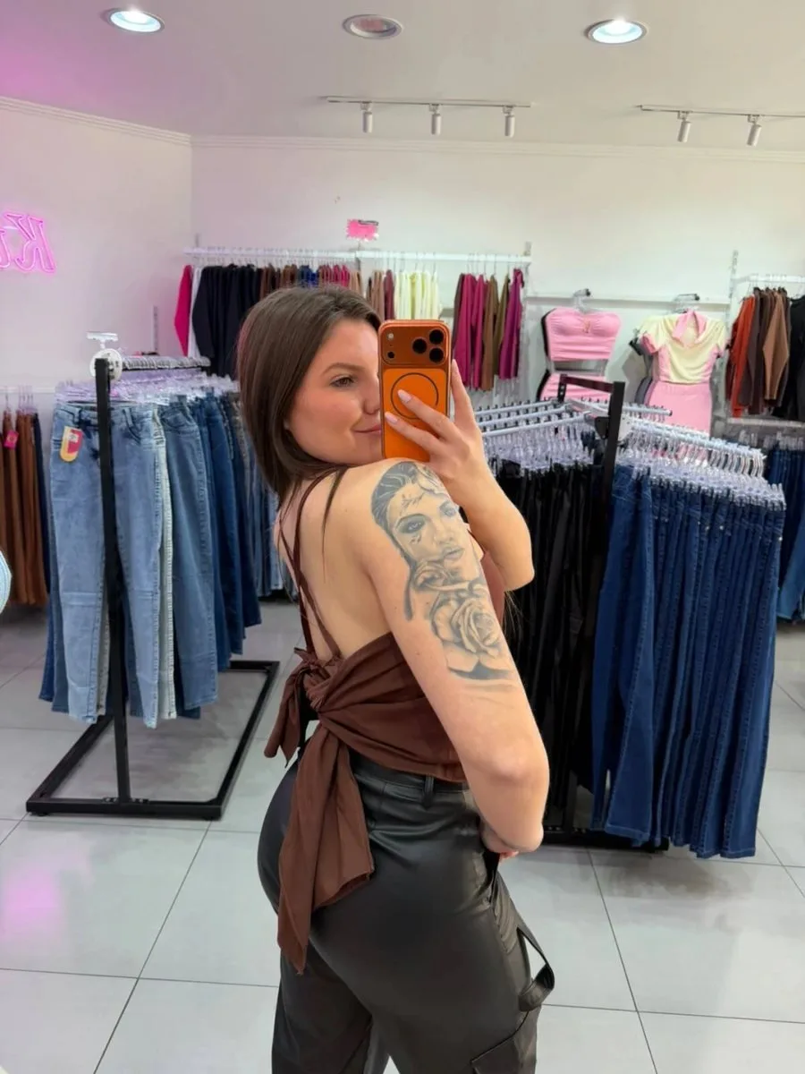 Cropped Viscose Alça Fina E Amarração Nas Costas Marrom - foto 1