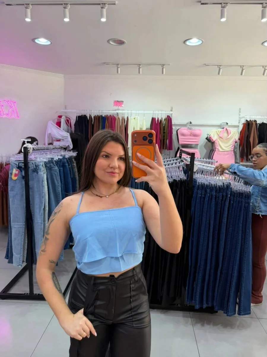 Cropped Viscose Alça Fina E Amarração Nas Costas Azul Claro - foto 1