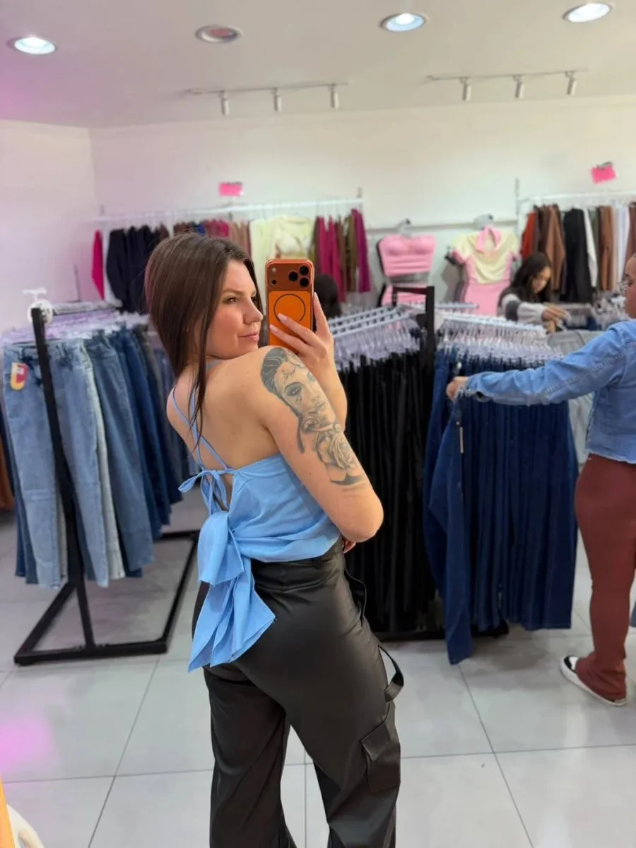 Cropped Viscose Alça Fina E Amarração Nas Costas Azul Claro - foto 2