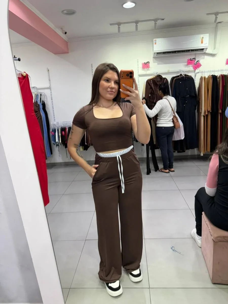 Conjunto Suplex Milani Com Cropped Manga Curta Marrom - foto 1