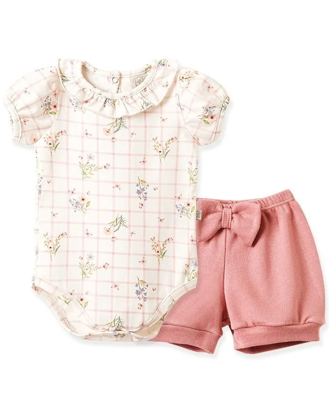 Conjunto Pingo Lelê Body Manga Curta e Shorts - Xadrez/Floral - foto 2