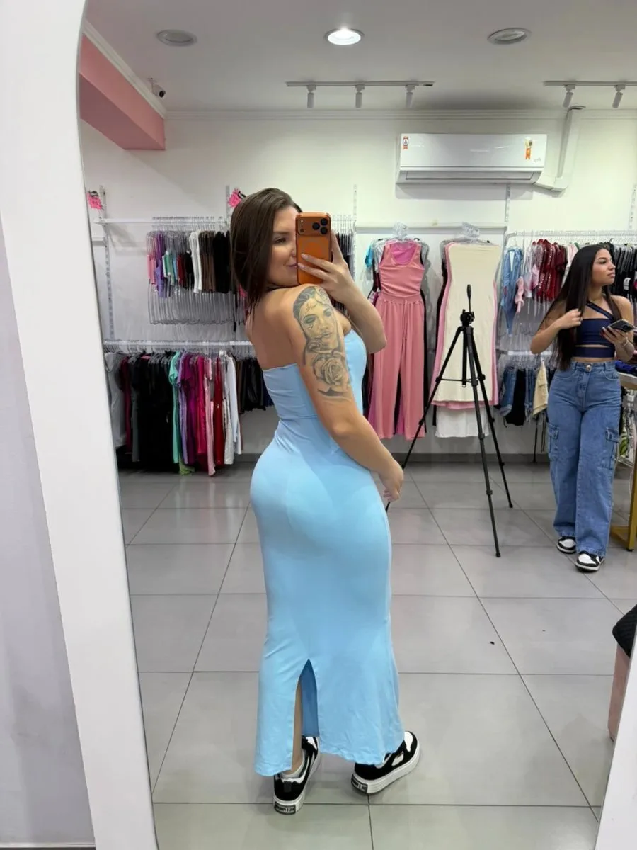Vestido Poliamida Longo Tomara Que Caia Elegance Fenda Na Lateral Azul Fraco - foto 2