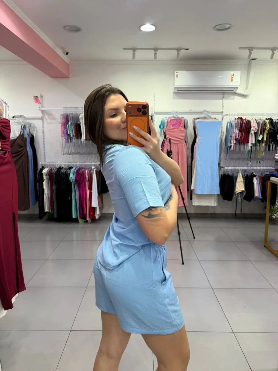 Conjunto Viscose Gola V Botonado Azul Claro - foto 2