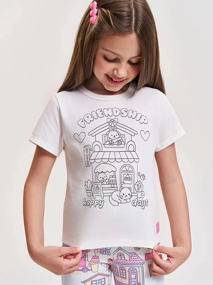 Blusa Infantil para Colorir com Canetinhas - Camiseta Menina Verão Interativa Natural/Cafeteria - foto 1