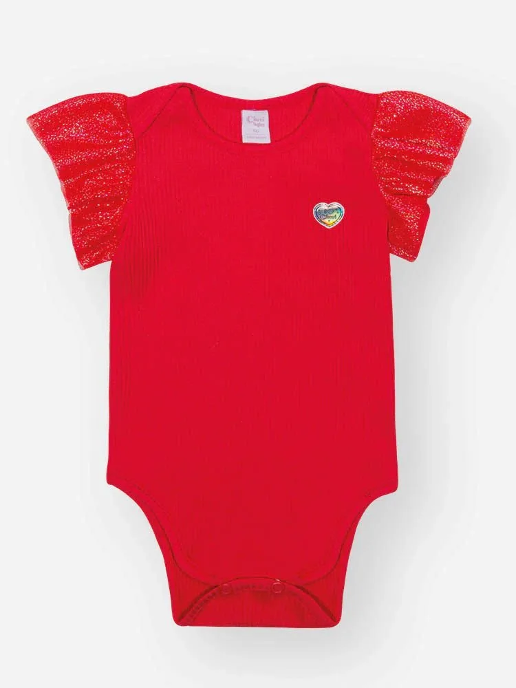 Body Bebê Menina Canelado com Mangas em Tule Foil - Vermelho - foto 2