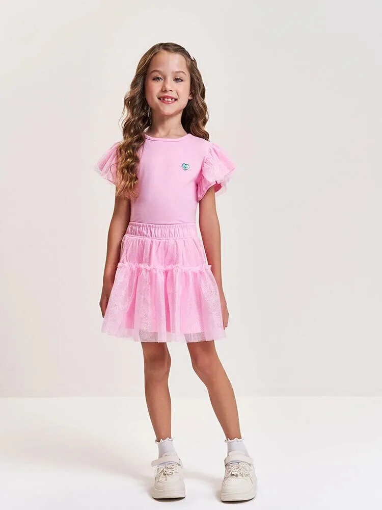 Saia Short Cinti Infantil com Brilho e Forro em Algodão Rosa Iogurte/ Vermelho - Rosa - foto 2