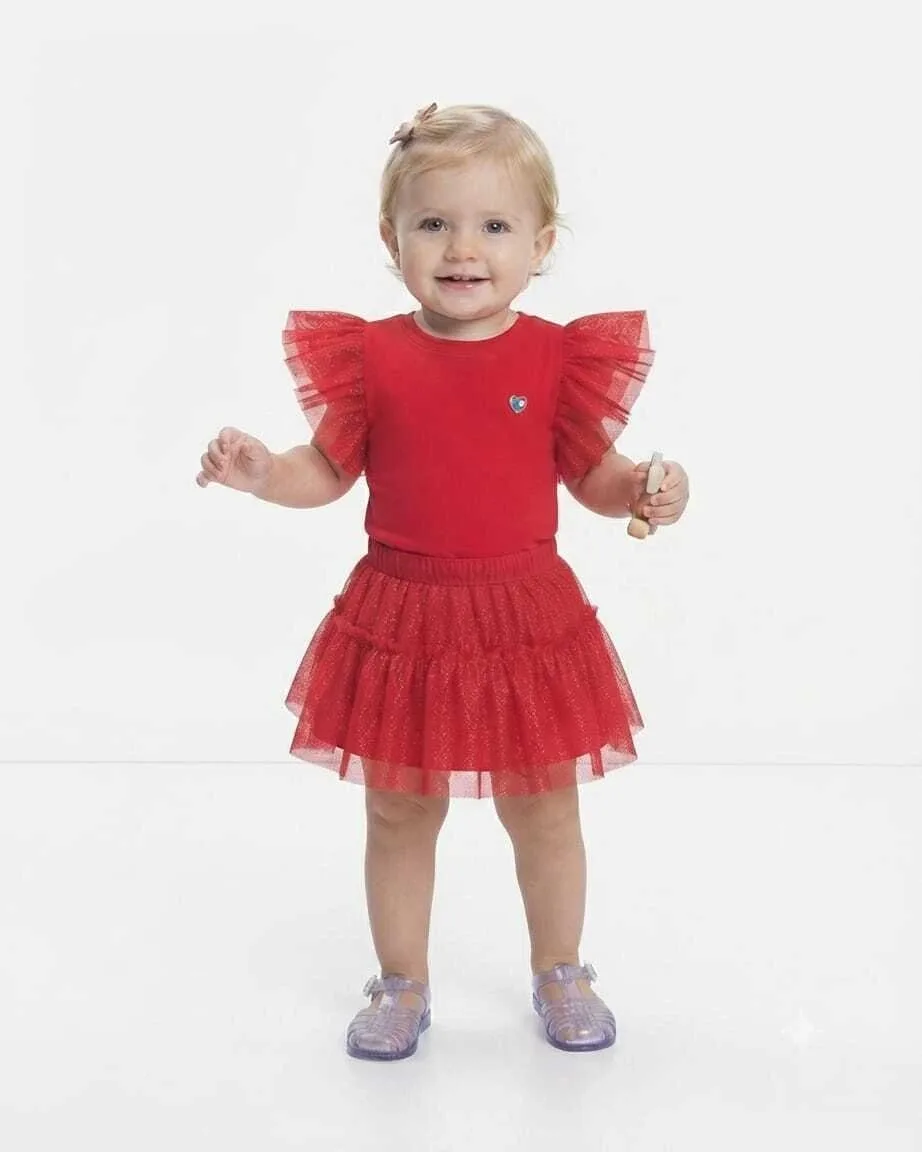 Saia Short Cinti Infantil com Brilho e Forro em Algodão Rosa Iogurte/ Vermelho - Vermelho - foto 2