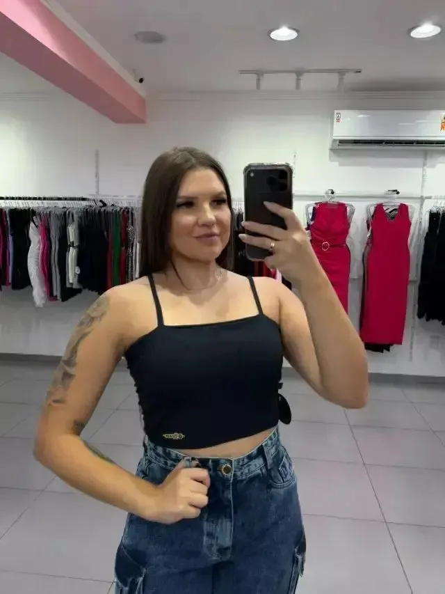 Cropped Luxxo Canelado Com Bojo Alça Fina Preto - foto 1