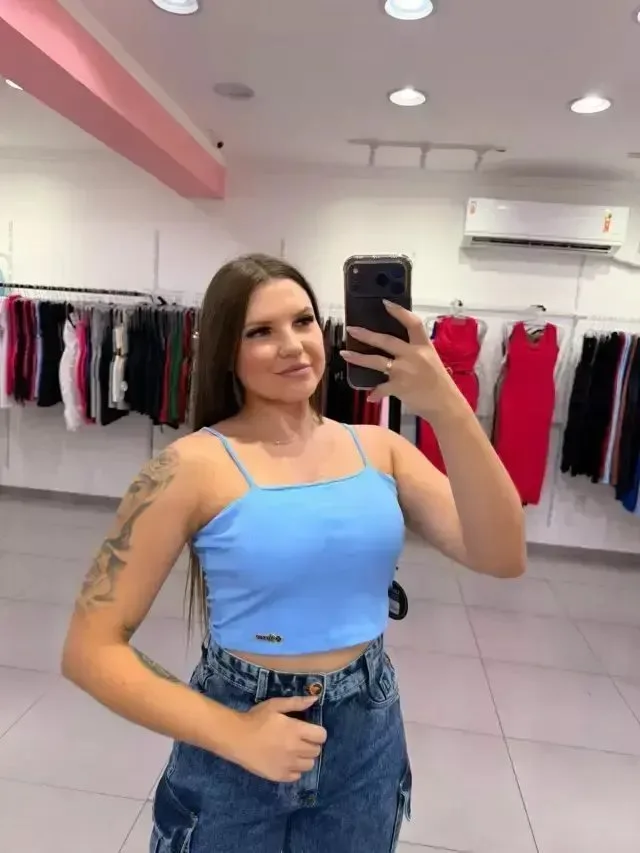Cropped Luxxo Canelado Com Bojo Alça Fina Azul - foto 1