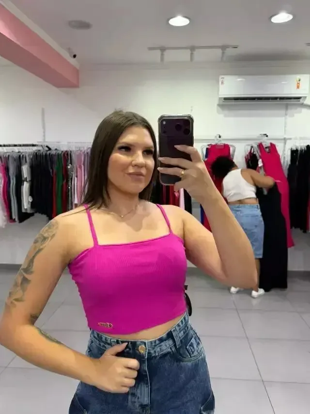 Cropped Luxxo Canelado Com Bojo Alça Fina Rosa - foto 1