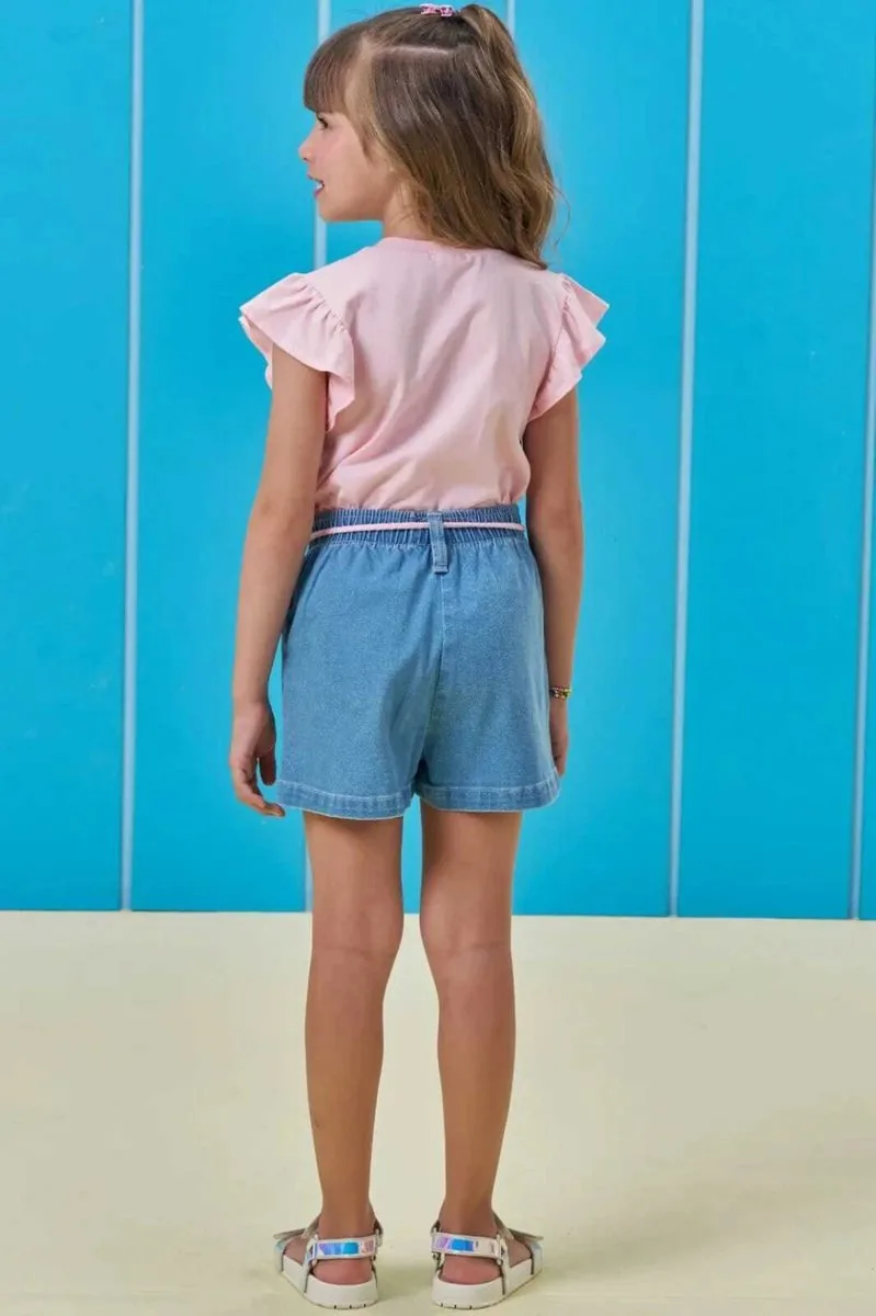 Conjunto de Blusa em Meia Malha e Shorts em Jeans com Elastano Kukiê Infantil Menina - foto 2