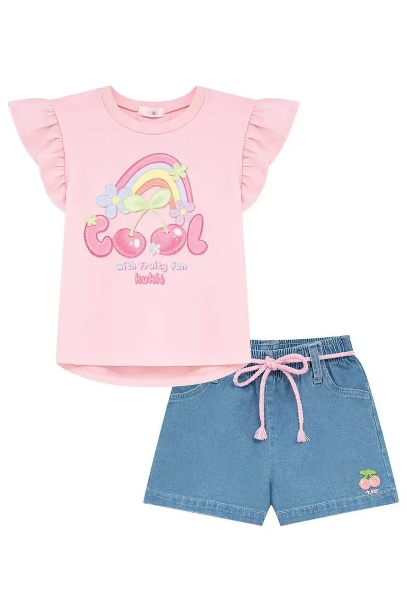 Conjunto de Blusa em Meia Malha e Shorts em Jeans com Elastano Kukiê Infantil Menina - foto 3