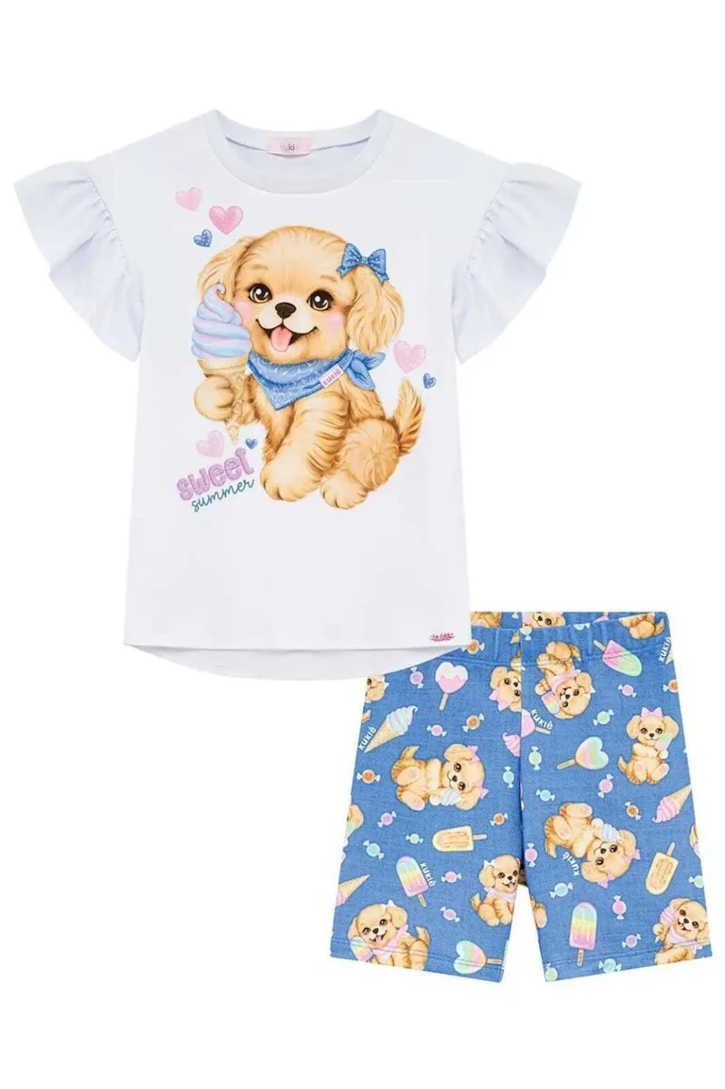 Conjunto de Blusa em Meia Malha e Bermuda Biker em Molecotton Kukiê Infantil Menina - foto 3