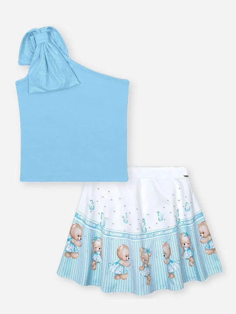 Conjunto Cinti Blusa Laço Ombro Único e Saia/Shorts / Azul Porcelana - foto 3