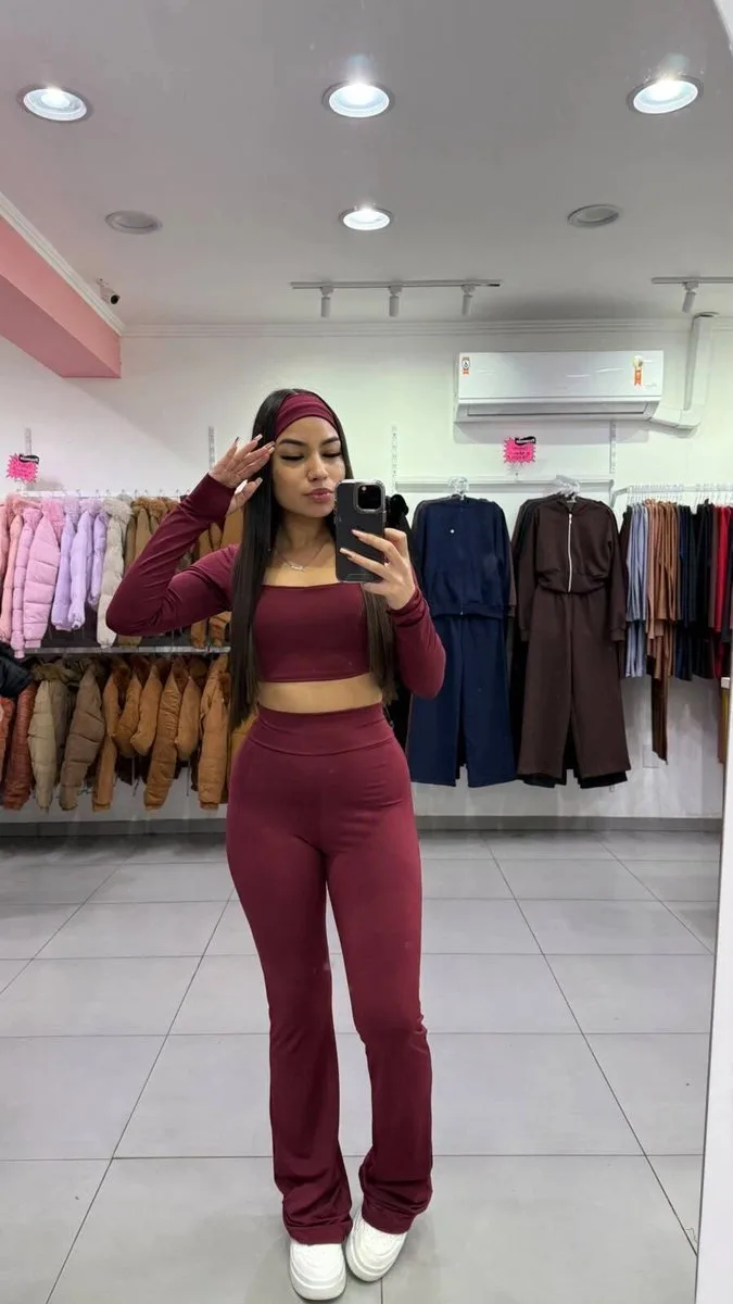 Conjunto Suplex Manga Longa e Calça Flare Com Faixa Vinho - foto 1