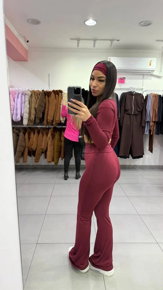 Conjunto Suplex Manga Longa e Calça Flare Com Faixa Vinho - foto 2