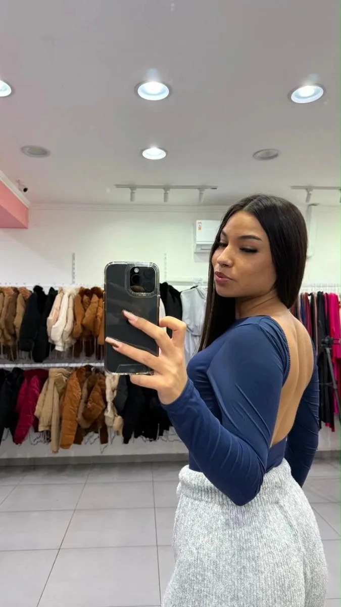 Body Poliamida Costas Nua Com Manga Longa Azul - foto 2