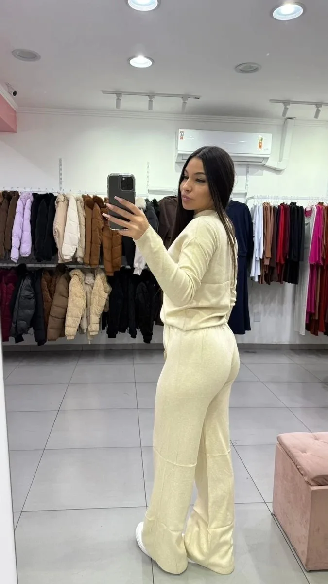 Conjunto Mousse Blusa Básica Com Calça Pantalona Nude - foto 2