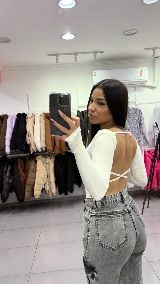 Body Poliamida Com Manga Longa Trançado Nas Costas Off White - foto 2