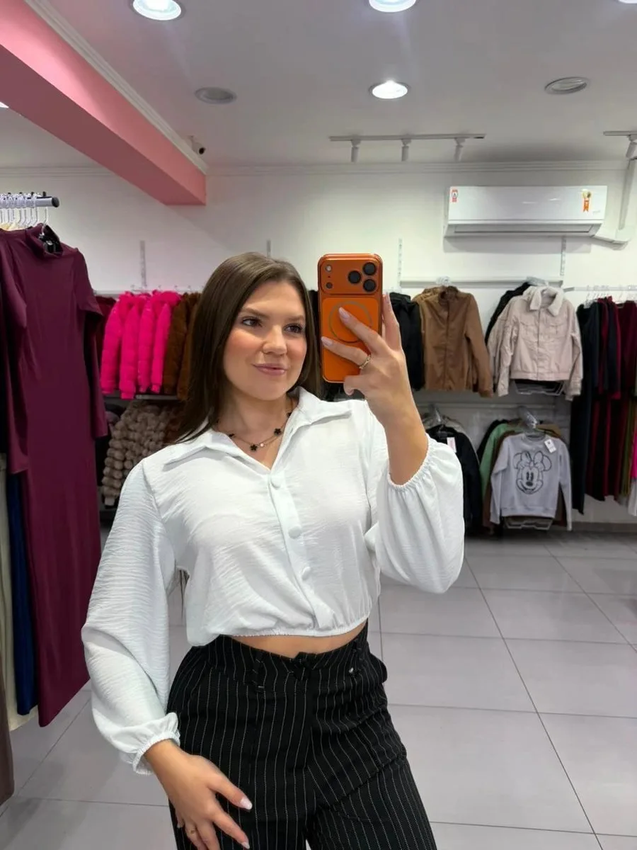Cropped Social Mangas Bufantes Com Botões E Gola Dobrada Branco - foto 1