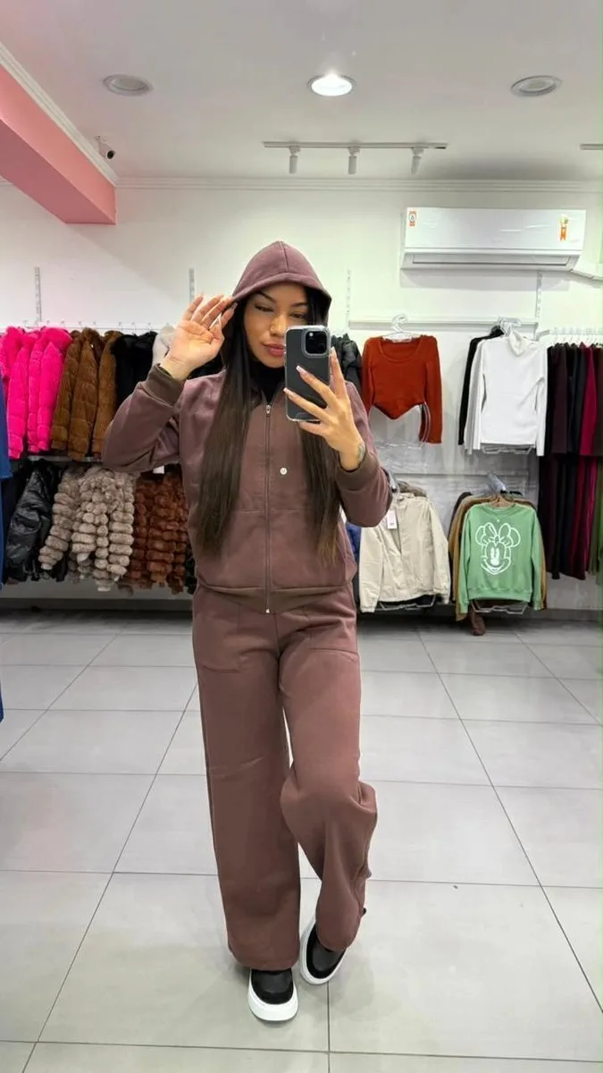 Conjunto Moletom Com Casaco De Ziper e Capuz Com Calça Pantalona Com Bolso Marrom - foto 1