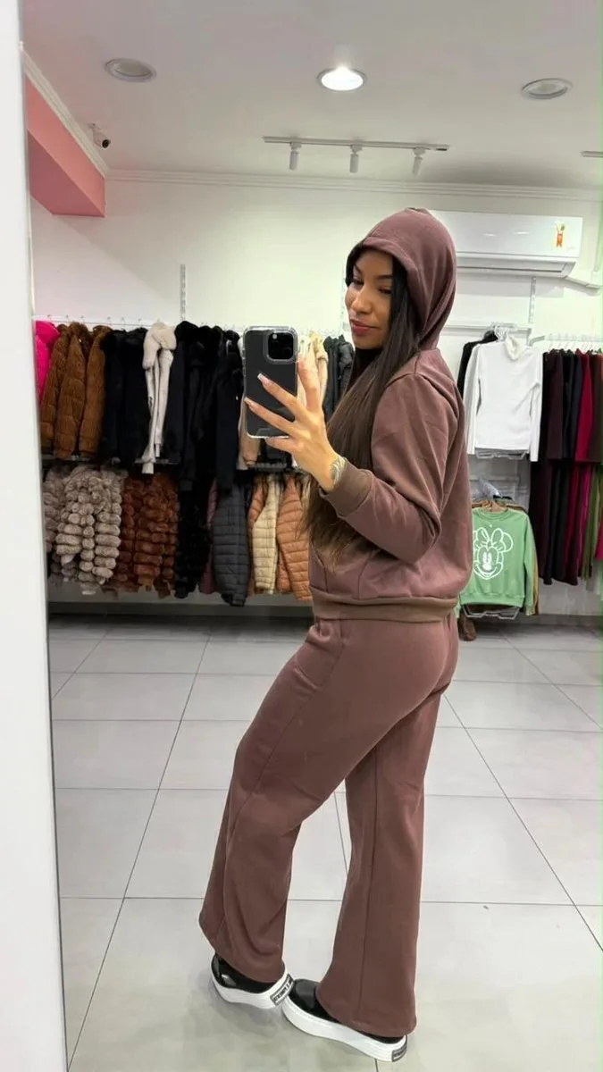 Conjunto Moletom Com Casaco De Ziper e Capuz Com Calça Pantalona Com Bolso Marrom - foto 2