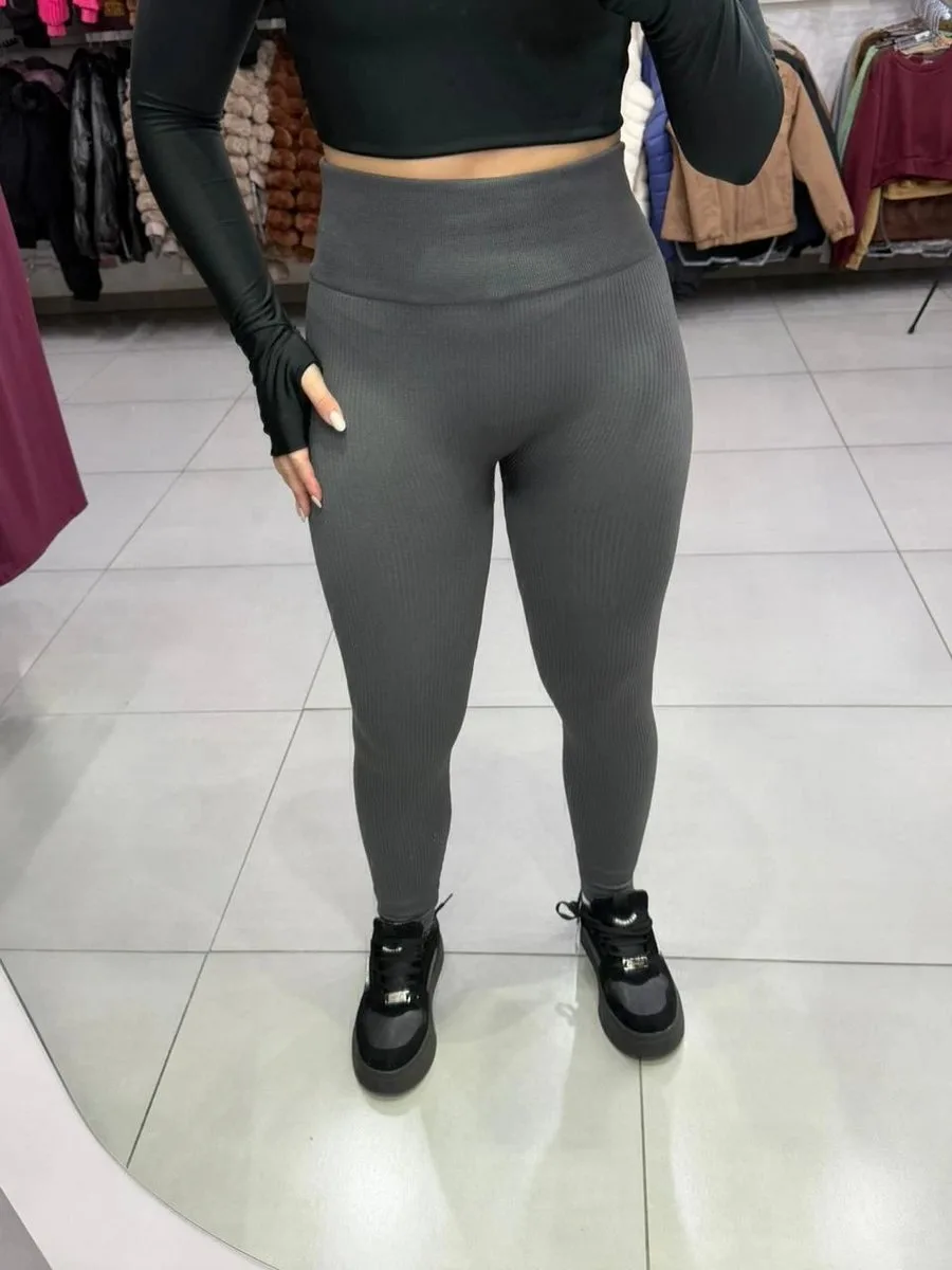 Legging Canelado Térmico Com Cós Alto Cinza - foto 1