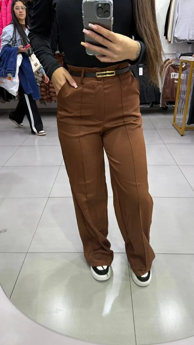 Calça Alfaiataria Com Bolso E Cinto Marrom - foto 1