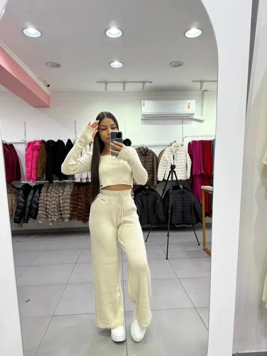 Conjunto Luxxo Modal Mousse Cropped Gola Quadrada E Calça Pantalona Cordinha De Regulagem Nude - foto 1