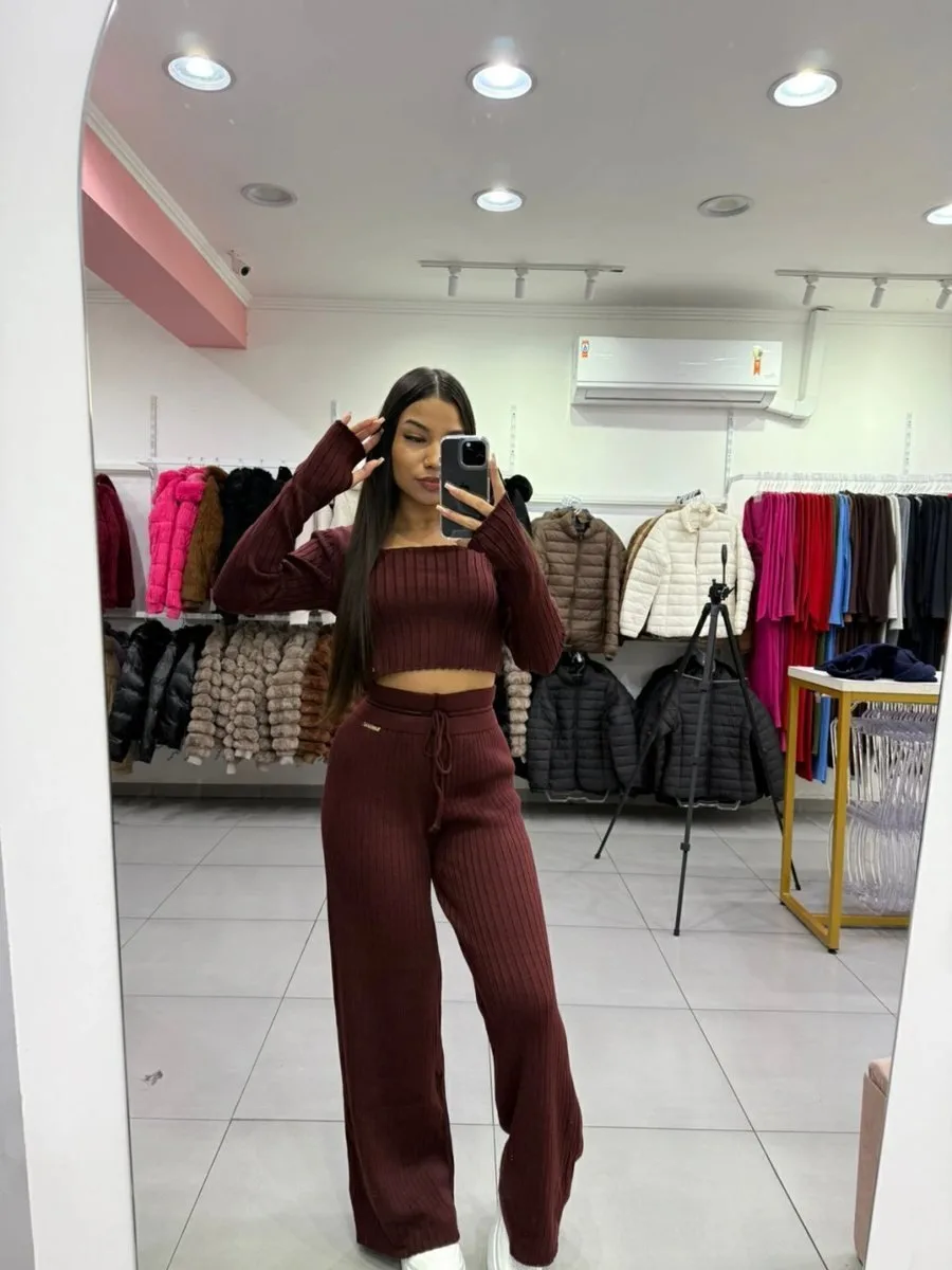 Conjunto Luxxo Modal Mousse Cropped Gola Quadrada E Calça Pantalona Cordinha De Regulagem Bordo - foto 1