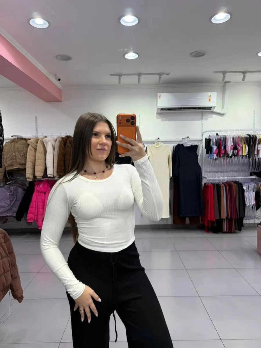 Cropped Canelado Algodão Básico Com Manga Longa Off White - foto 1